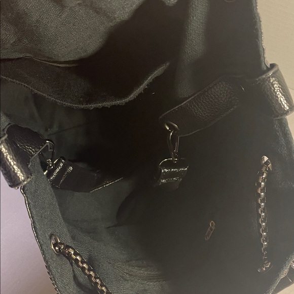 SKULLS- Faux Leather Embossed Skull Black Textured Bucket Bag with Chain Handles - Picture 10 of 16